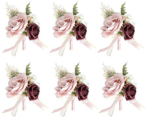 ISAKEN 6 Stück Hochzeit Braut Blumen Anstecker, Seide Rose Blumen Boutonniere Bräutigam Boutonnièr Ansteckblume Hochzeit Boutonniere Rose Handgelenk Blume für Hochzeit Bankette Party