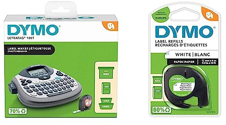 DYMO LetraTag LT-100T Beschriftungsgerät | Tragbares Etikettiergerät mit QWERTZ Tastatur | Silber | Ideal fürs Büro & Original LetraTag Papier Etikettenband | schwarz auf weiß | 12 mm x 4 m