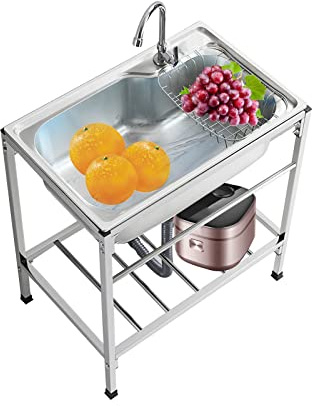 whalebee Stainless Steel Utility Sink For Outdoor Indoor, Freestanding Kitchen Sink With Stand, Large Capacity Commercial Restaurant Sink With Faucet And Drainer Unit