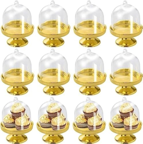 inheming 12 mini alzate per torte con coperchio a cupola, in plastica trasparente, per mini cupcake, caramelle, macaron, per feste, matrimoni, compleanni e baby shower, colore: oro