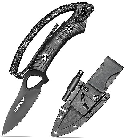 TONIFE Explorer Feststehendes Messer mit Scheide 8Cr14MoV Klinge Multifunktionales Überlebensmesser, Glasfaserverstärkter Nylongriff für Outdoor EDC Messerr (Schwarz+Schwarz Titan)