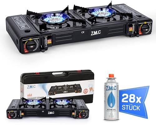 Z.M.C Gaskocher 2-flammig 2x 2,5 kW | Campingkocher mit LPG-Adapter & Aufbewahrungskoffer | Piezozündung | Grillplatte & Gaskartuschen 227g wählbar | Outdoor & Innenraum