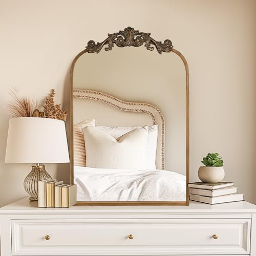 USHOWER Gold Anthropologie Vintage Mirrors for Wall, 24 x 36 Antique Baroque Style with Ornate Frame, Arched Brass Decoration for Fireplace, Bathroom, Living Room, Entryway Remodel