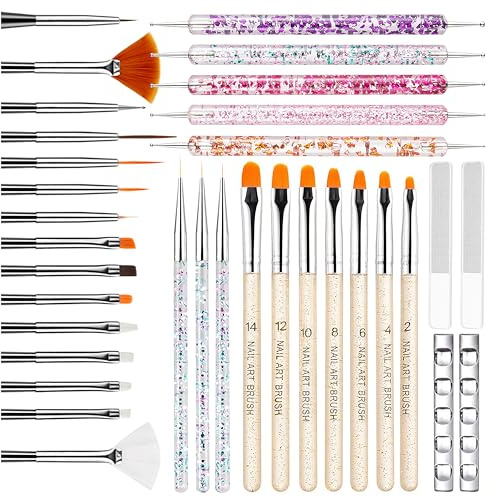 MYR 34Pcs Nail Art Brushes, Nail Art Brush Set, Nail Art Tools, including Nail Design Brushes, Nail Dotting Tool, Nail Drawing Pens, Nail Brush Brackets, Nail Nano Polishing Rubs
