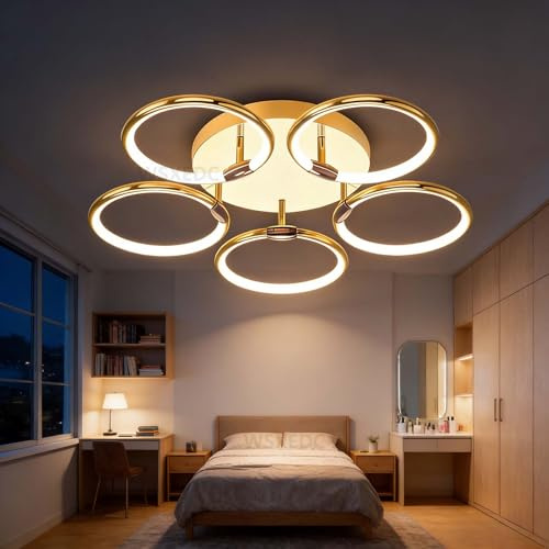 WSXEDC Dimmable LED 6 Ring Living Room Light LED Ceiling Light Modern White-Gold Creative Ceiling Lighting Interior Ceiling Spots Eye Care for Bedroom Office Dining Room Youth Room L80cm 71W