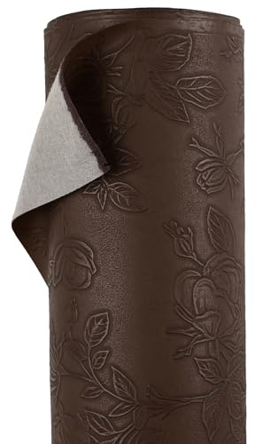 A-Express blommigt fusklädertyg - Präglat PU-vinylmaterial - 140 cm (55 tum) brett - 430 GSM per meter - Texturerad blomma klädseltyg, gör-det-själv hantverksblad, handväska - brun 5 meter