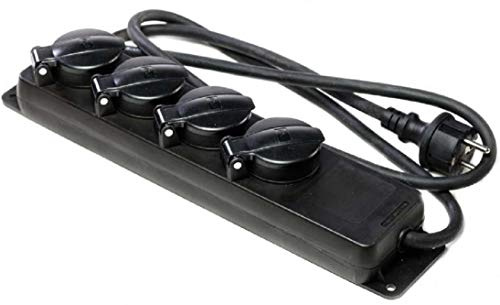 GLT 1 x Paccs 4-Fach Gummi Mehrfachsteckdose schwarz Steckdosenleiste, Steckplätze 45 Grad gedreht, Kabel 1,4m, Außenbereich/Outdoor/Baustellen IP44 - H07RN-F 3x1,5 mm²
