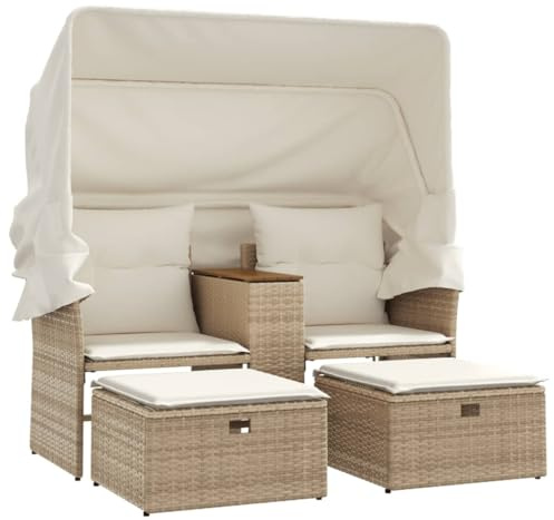 vidaXL Trädgårdssoffa 2-sits med tak och pallar beige konstrotting