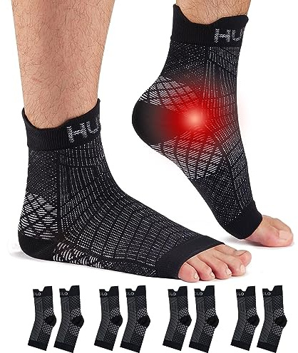 HUEGLO 4Paar Kompressionssocken Fussbandagen Sprunggelenkbandage,Schwarz L | Neuropathie Orthopädische Knöchelbandage Achillessehne Bandage Plantarfasziitis Socken Damen Herren für Sport