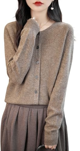 Chanyarn Cardigan Girocollo da Donna 100% Lana Merino Primavera Maniche Lunghe Senza Cuciture Maglia Cardigan Maglione (Tan,L)