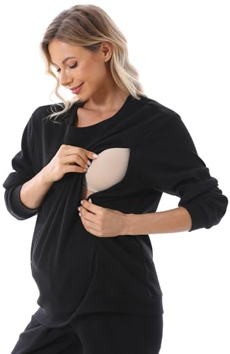 FEOYA Schwangere Pflege Sweatshirt Damen Langarm Stillen Shirt Sweatshirt Stilloberteil Umstandsmode Warm Pullover zum Stillen