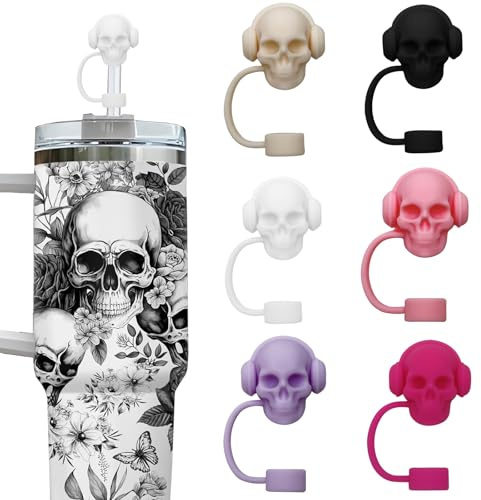 CEDIDJAC Tapa de popote de calavera para Halloween compatible con vasos Stanley de 30 a 40 onzas, cubierta de popote reutilizable para accesorios de copa Stanley (6 piezas)