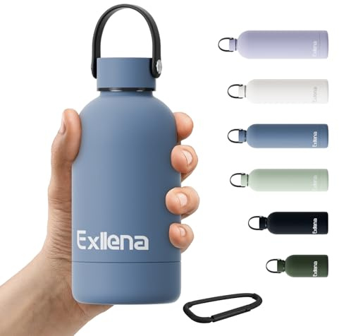 Exllena Petite Gourde Isotherme 350 ml avec Poignée Pratique - Mini Bouteille Isotherme avec Isolation 12h Chaud/24h Froid, Revêtement Anti-Dérapant - Étanche Sans BPA (Bleu Grisâtre)