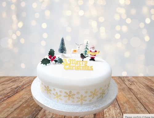 8 Piece Gold Christmas Decoration Set for Cakes and Cupcakes (Includes; Merry Christmas Sign, Fancy Ribbon, Santa, Reindeer, Robin, Holly and Trees)