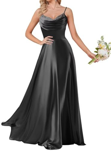 Robe de demoiselle d'honneur à col bénitier - Robe de soirée formelle en satin à bretelles spaghetti, Noir , 58 Grande taille