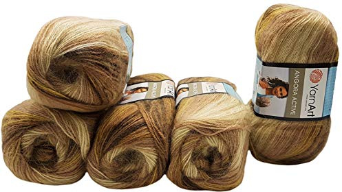 5 x 100 g Ilkadim Export Angora Active Strickwolle mehrfarbig mit Farbverlauf, 500 Gramm Strickgarn mit 20% Wolle, Farbverlaufswolle (braun beige ocker 843)