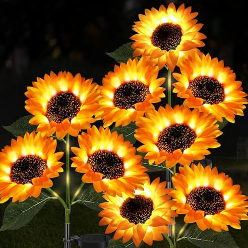 SHAREMI Solar Lights Outdoor Garden Ornaments, 3 Pack Solar Powered Waterproof Garden Light with 9 Artificial Sunflowers for Yard Pathway Lawn Decorations, Birthday Christmas Lights Gardening Gifts