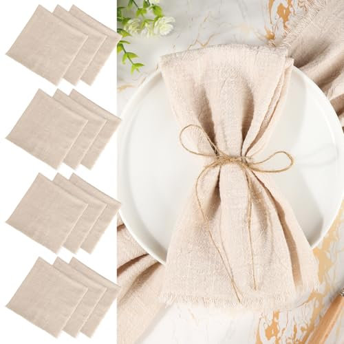 12 Stück Stoffservietten Beige mit Fransen, 45x45cm Leinenservietten, Baumwolle Servietten Stoff, Tischservietten Stoff mit 10m Schnur für Familienfeiern, Hochzeiten, Geburtstage