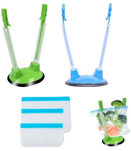KPSRFG 5-Piece Freezer Bag Holder Stand, 2Pcs Adjustable Bag Holders for Meal Prep and 3Pcs Reusable Freezer Bags in Three Sizes for Hands-Free Kitchen