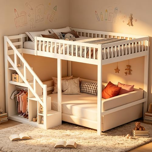 Etagenbett 140x200, Hochbett mit Stauraumtreppe & Sternen-Geländer, Weißes Stockbett mit 125cm Freiraum unten, Massivholz-Konstruktion bis 120kg, Sicheres Kinderbett für Geschwister oder Spielzimmer