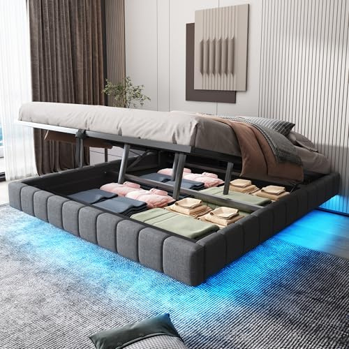 Dolamaní Doppelbett Polsterbett 180x200 cm ohne Kopfteil, Bett Schwebebettrahmen mit Stauraum, Hydraulischer Stauraumbett mit LED-Bleuchtung, Leinenstoff, Tragfähigkeit 250 kg (Grau)