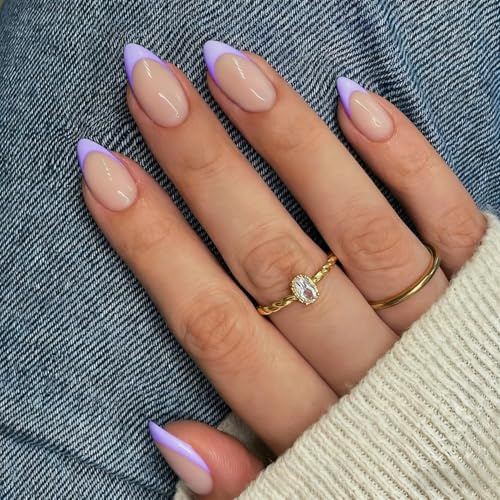 KQueenest Soft Gel Press On Nails French Tip - 30 Stück Lila Nägel zum Aufkleben Kurz Mandel, Natürlich Fake Nails Künstliche Fingernägel zum aufkleben, Acryl Full Cover French Nägel für Frauen