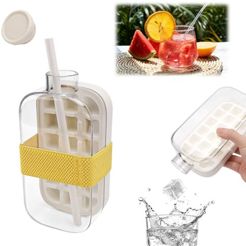 Ice Cube Bottle with Straw and Bandage, 2 in 1 Touch-Free Cool Summer Ice Tray Water Bottle Flexible Silicone Cube Trays Freezer for Making Juice Beverages Coffee(White)