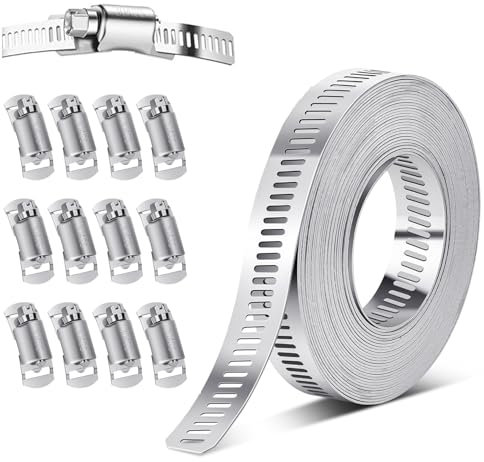 Fascette Stringitubo Regolabile, 5M Fascette Metalliche Stringitubo Acciaio e 12 Morsetti Tubo Inox per Tubi Gas Domestici, Dell'Acqua, Tubi Automobilistici, Lavatrice, Tubazioni Cavi