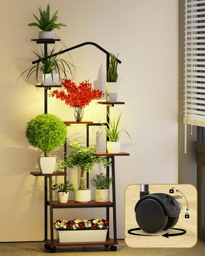 loyal Pflanzenständer mit Wachstumslicht - 8-stufiger Indoor Pflanzenstände, 157cm Metall-Holz-Pflanzenständer - Dekorativer schwarzer Blumenständer für den Indoor-Balkon