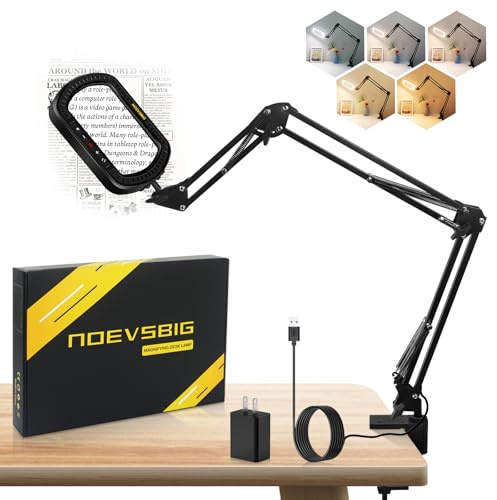 Magnifying Glass with Light Square Magnifier Desk Lamp 10X Close Up Work for Desktop Bench Crafting, Reading, Sewing, Ultra Long Swing Arm 3-Section, 5 Color Modes Design Rectangle Head Controller