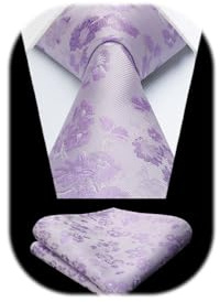 HISDERN Lilac Tie for Men Floral Necktie and Pocket Square Classic Men's Silk Ties Set for Wedding Party Business