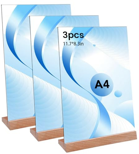 Thboxes 3 Pezzi Espositore Plexiglass A4, Trasparente Porta Cartelli in Acrilico con Base in Legno, L Forma Porta Menu da Tavolo Portacartello per Menu Brochure Pubblicità Ristoranti Caffè Uffici