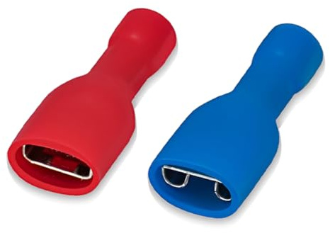 KEWUF 80 PCS Connettori rapidi femmina in vinile completamente isolati 6.3 x 0.8 mm, faston elettrici, rosso per 0.5-1.5 mm² (22-16 AWG), blu per 1.5-2.5 mm² (16-14 AWG)