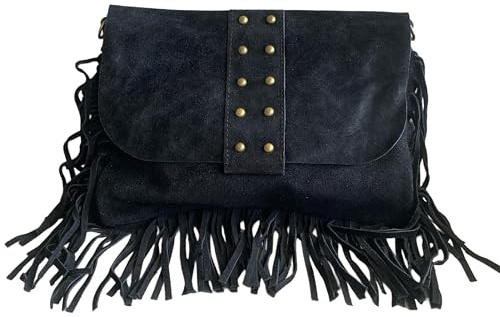 Umhängetasche mit Fransen und Nieten aus italienischem Wildleder, verstellbarer und austauschbarer Tragegurt, Reißverschluss, innen gefüttert mit integrierter Tasche., Schwarz , Medium