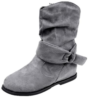 FGUUTYM Stivaletti da donna con fibbia, stile vintage, da donna, in pelle, stile classico, a mezza altezza, da cowboy di media altezza, in camoscio piatto, eleganti scarpe invernali da donna, grigio