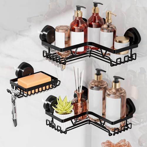 Cooeco Shower Caddy Suction Cup, Bathroom Corner Shelves | Stainless Steel Corner Shower Shelf, Bathroom Organiser for Shampoo Conditioner Razors Soap, Black