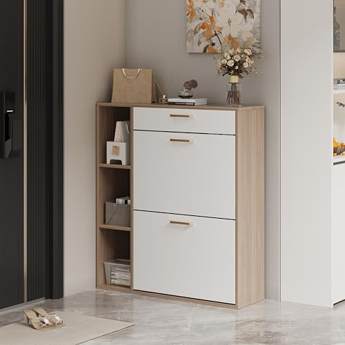 Ztexkee Zapatero 2 Puertas Estrecho Mueble Zapatero con 1 cajón y 3 Compartimentos de Almacenamiento para 12-16 Pares de Zapatos，para Sala de Estar, Pasillo de Entrada, 80x24x90cm Blanco