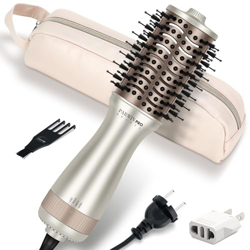 Mini cepillo de aire caliente de viaje, PARWIN PRO BEAUTY cepillo ovalado con doble voltaje automático 110–240 V, sin cambio manual, tecnología iónica, 3 temperaturas, enchufe UE y adaptador US