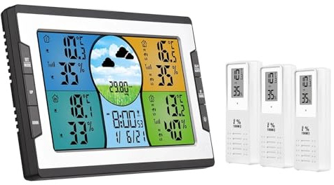 Station météo numérique avec 3 capteurs à distance, 100 m, moniteur de température et d'humidité intérieure et extérieure, réveil for le bureau et la maison,Prédire avec précision