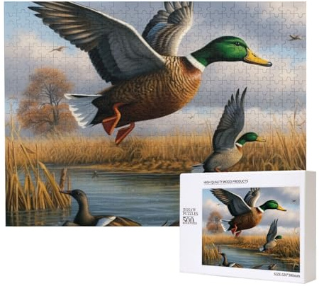 500 Teile Puzzle mit Aufbewahrungsbox, Jagd fliegende wilde Enten am See, bedrucktes Holzpuzzle 52 x 38 cm, für Erwachsene, Kinder, Familie, lustiges dekoratives Spiel