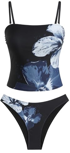 ZAFUL Women's Floral Tankini Swimsuits Bandeau Tummy Control High Cut Tankini Set Two Piece Bathing Suit(1-Blue Flower, S)
