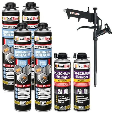 Isolbau - Brunnenschaum 1K Bauschaum Wasserdicht Aussen und Innen - 4 x Montageschaum 750 ml, 2 x PU-Schaum-Reiniger & 1 x Schaumpistole - PU-Schaum - Pistolenschaum Dämmschaum Isolierschaum