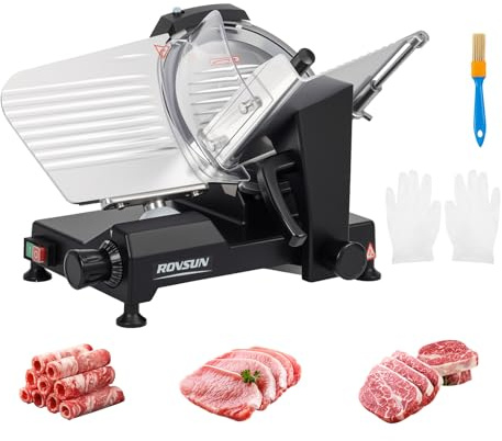 ROVSUN 8.7inch Commercial Meat Slicer, 300W Electric Deli Food Slicer with Premium Chromium-plated Steel Blade, 0-12 mm Adjustable Thickness, ETL Certified for Frozen Meat Ham Baguett Steak, Black