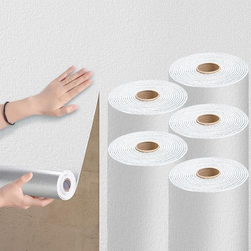 Camiraft White Self Adhesive Wallpaper Roll Peel and Stick Thermal Wallpaper for Bad Cold Walls -5 Rolls=7m² 3mm Thick Textured Insulated Lining Paper for Walls for Bedroom Living Room,Bathroom