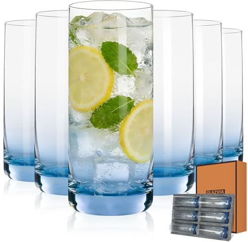 GLAZVIA Longdrinkgläser 6er Set, Blaue Gläser ohne Stiel für Mixgetränke | 385ml Dickes & Klares Blauglas,Spülmaschinenfest, Stielose Trinkgläser & Highball-Gläser für Partys, Feiern & den Alltag.