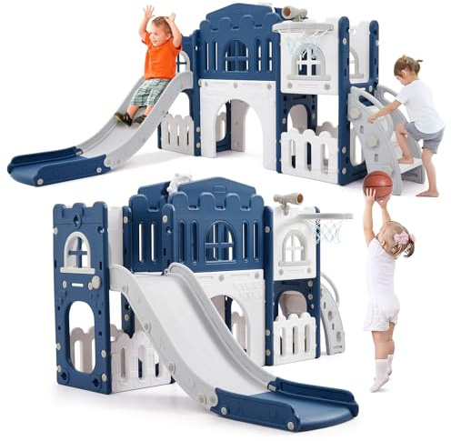 8-in-1 Toddler Climbing Frame and Slide, Kids Indoor Slide Playset with Tunnel & Basketball Hoop, Baby Climbing Frame for Toddlers Age 1-3, Children's Indoor & Outdoor Play Equipment - Blue