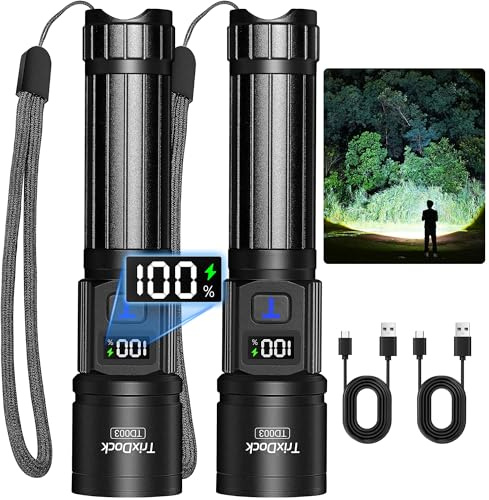 Taschenlampe LED Aufladbar 2 Stück, USB-C, Zoom, LCD-Display, 5 Modi | Extrem Hell Taschenlampen, Taktische Taschenlampen mit LCD-Display, Wasserdicht Troch für Camping, Outdoor [Energieklasse A]