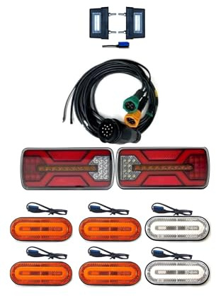 MelTruck LED-släpvagnsbelysning set med 5-funktioner bakljus, konturlampor, LED-registreringsskyltslampor, 13-polig kabel – smart laddningsenhet (LED konturlampor – CLICK-ON-system, kabel 5 m/3,1 m)