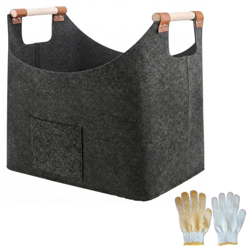 Firewood Basket, Extra Thick Felt Firewood Carrier with Wooden Handle and Gloves for Camping, BBQ Barbecue, 23.6x15.7x15.7 Inch