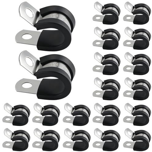 20 Pièces Collier de Serrage en Acier Inoxydable en P,25mm Collier de Fixation de Tubes avec Insert en Caoutchouc,P-Clips Câble 2 Trous Fixation pour Tuyaux et Câbles (12mm)